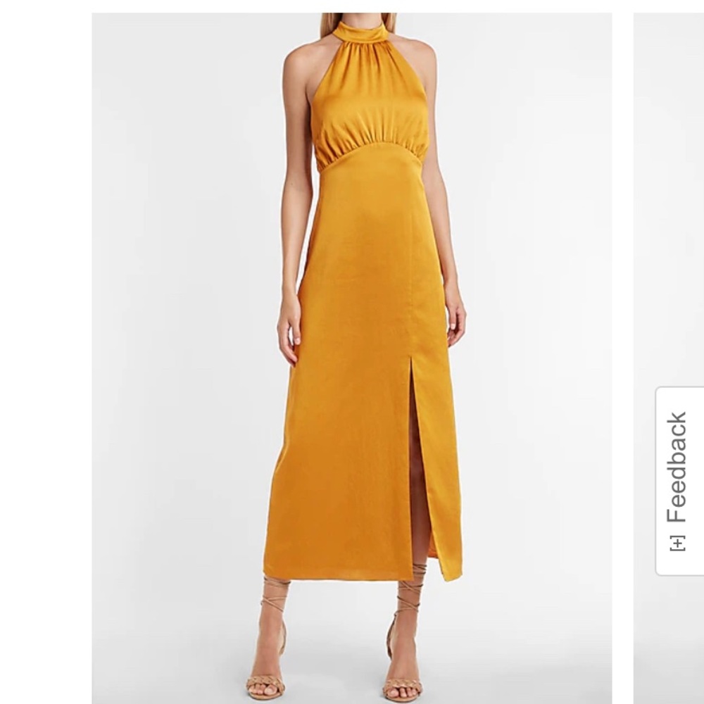 Express Satin Halter Top Maxi, Mustard Yellow XS